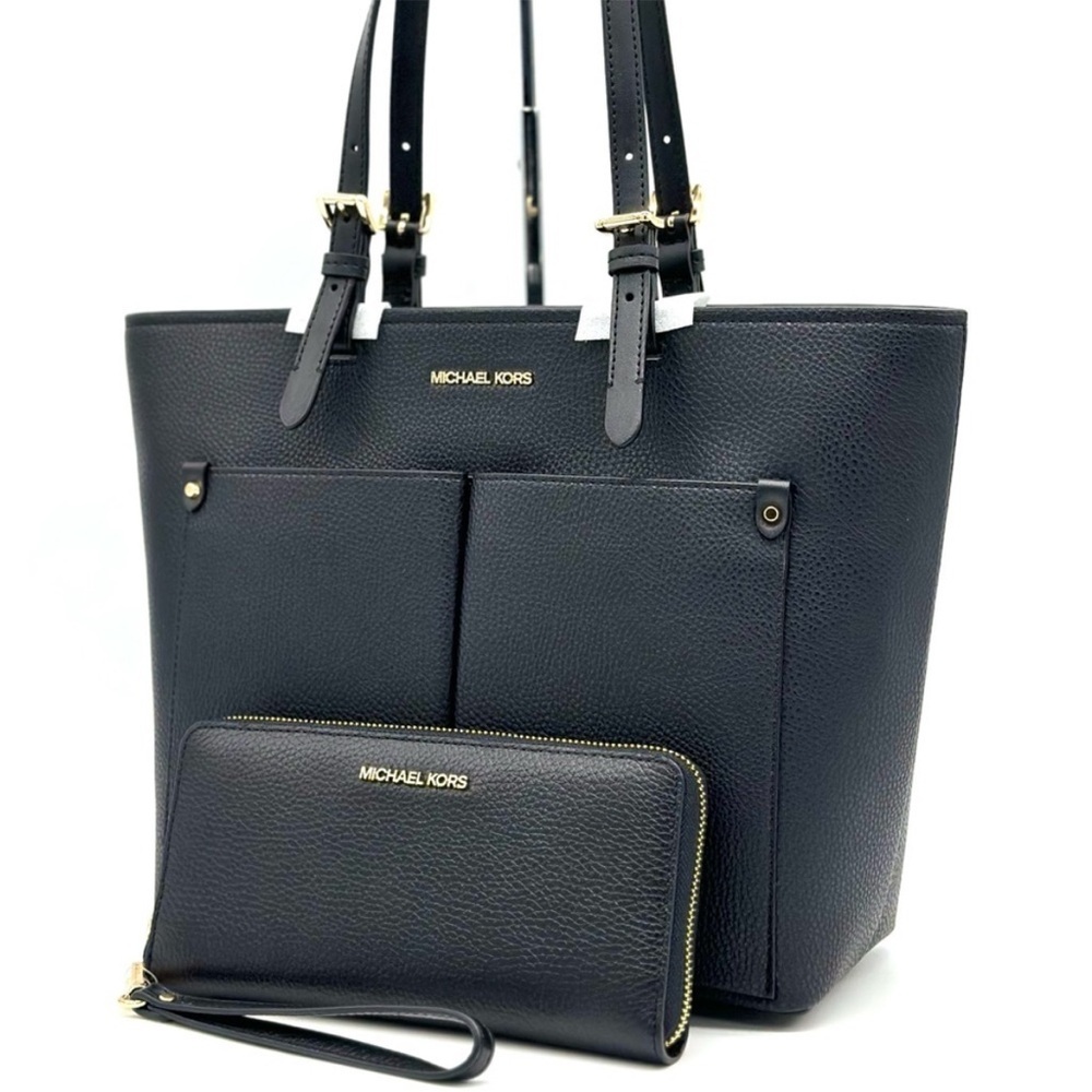 Michael Kors Jet Set Medium Pocket Tote Bag & Continental Wallet Wristlet Black - Picture 1 of 13